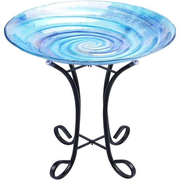 Outdoor Glass Birdbath with Metal Stand for Lawn Yard Garden Decor,18” Dia/21.65 Height