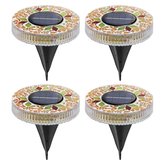 Outdoor Glass LED Mosaic Solar Disk Light Waterproof Garden Stake Lighting Colorful Landscape Yard Decor for Walkway Patio Lawn Auto On Off(Yellow,4-Packs)