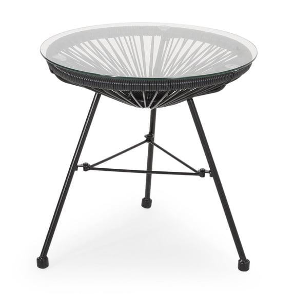Outdoor Glass Side Table, Patio Small End Table With Round Tempered Glass Top, Modern Rattan Woven Coffee Table With Angled Legs For Garden, Backyard