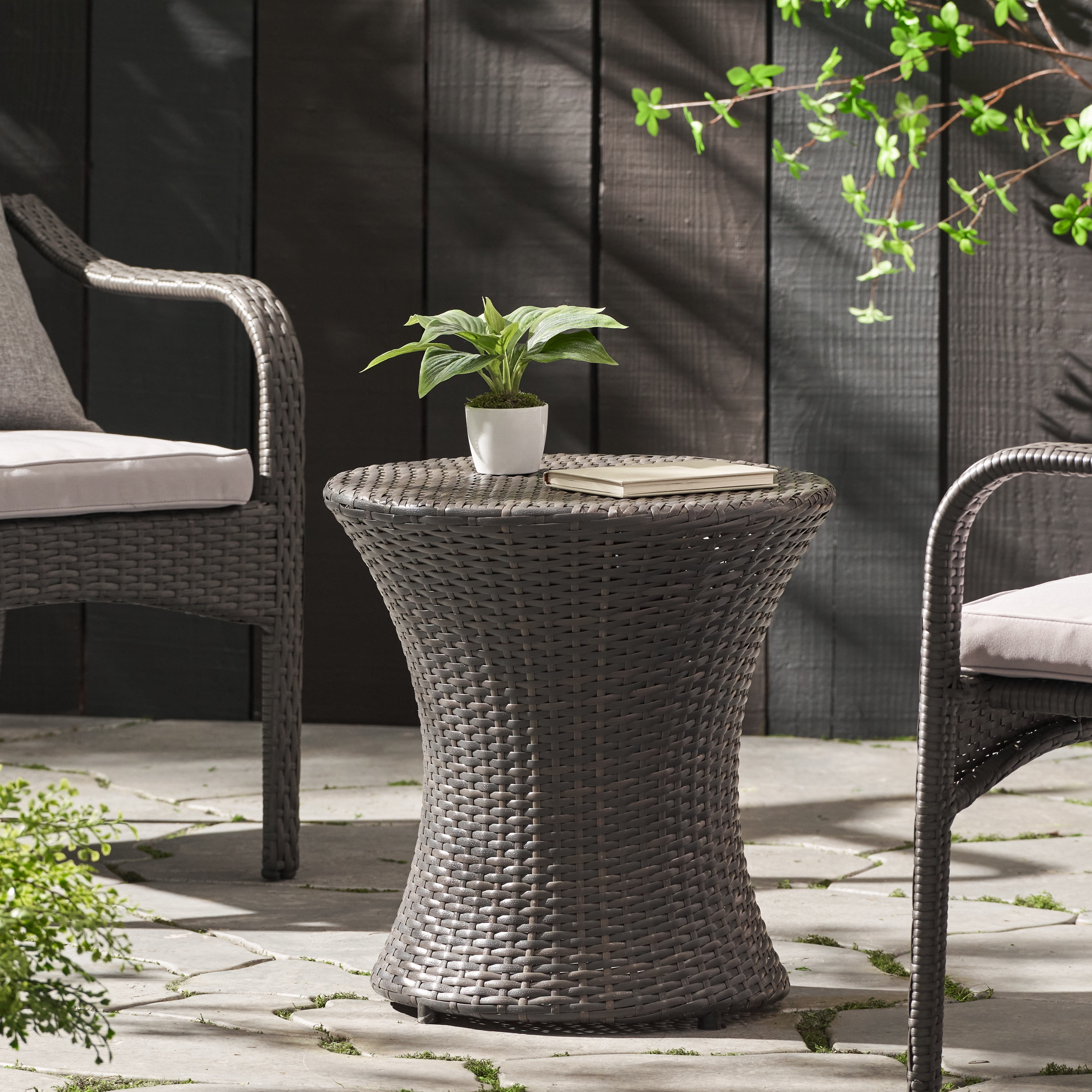 Outdoor Glassless Wicker Hourglass Side Table, Simple Decor End Table for Patio Garden, Gray