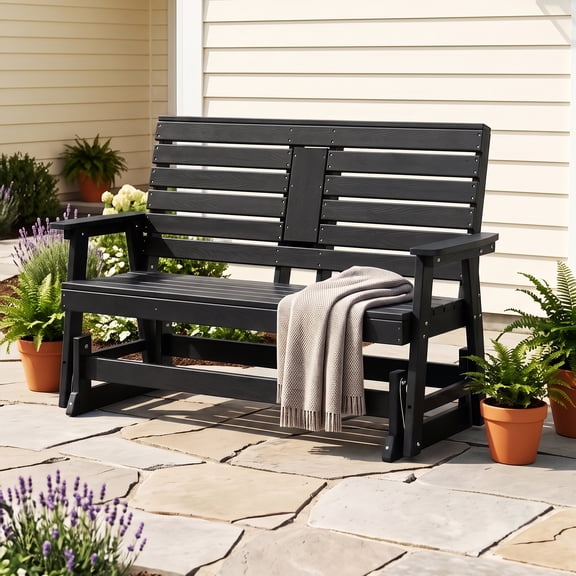 Outdoor Glider Bench, 2 Person HDPE Patio Swing Chair with Weather-Resistant Design, Rocking Bench Seat for Porch, Garden, Deck & Backyard Black