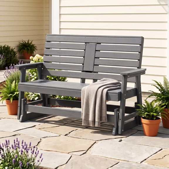 Outdoor Glider Bench, 2 Person HDPE Patio Swing Chair with Weather-Resistant Design, Rocking Bench Seat for Porch, Garden, Deck & Backyard Gray