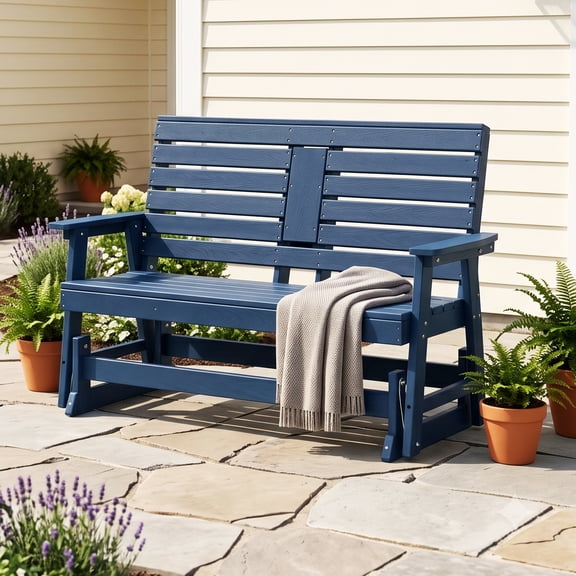 Outdoor Glider Bench, 2 Person HDPE Patio Swing Chair with Weather-Resistant Design, Rocking Bench Seat for Porch, Garden, Deck & Backyard Navy Blue