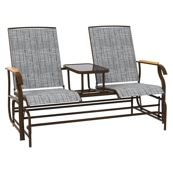 Outdoor Glider Bench 2 Person, Patio Loveseat Swing Chair with Table, Steel Frame, Gray