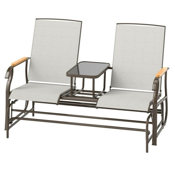 Outdoor Glider Bench - 2 Person Patio Loveseat with Table - Steel Frame Swing Chair - Cream White