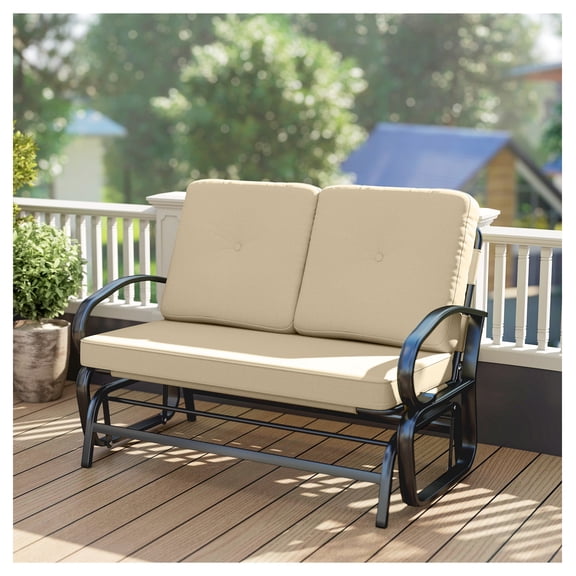 Outdoor Glider Bench, 2-Person Patio Rocker Loveseat, Steel Frame, Beige