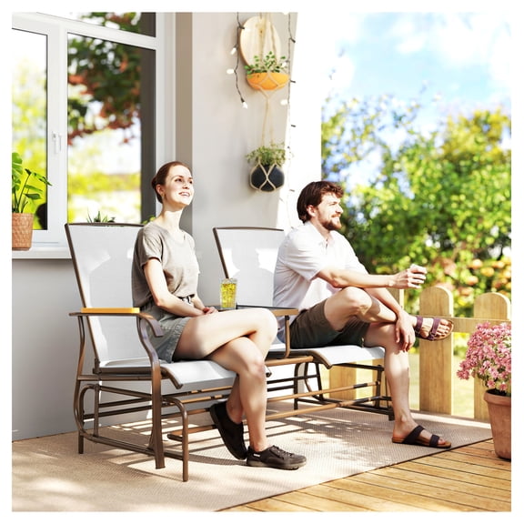 Outdoor Glider Bench 2 Person, Patio Swing Loveseat with Table, Steel Frame Cream White