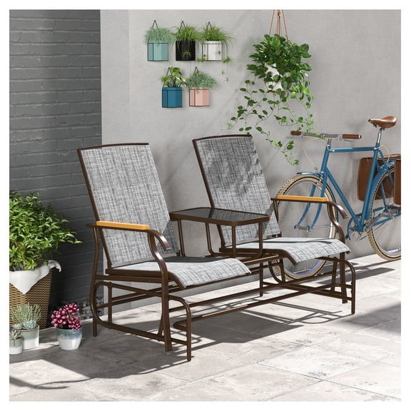 Outdoor Glider Bench 2 Person, Patio Swing Loveseat with Table, Steel Frame, Gray