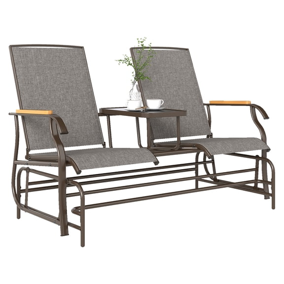 Outdoor Glider Bench 2-Person, Patio Swing Loveseat with Table, Steel Frame, Weather Resistant, Light Mixed Brown