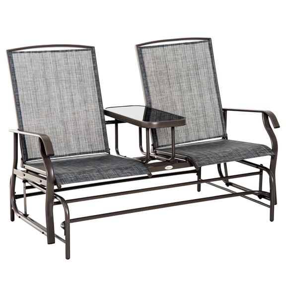 Outdoor Glider Bench With Coffee Table Feature. Gray Metal Frame Patio . Double Gliding Comfort. Breathable Mesh . Holds 726 Lbs. Ideal For Backyard, Garden, Porch. 32"d X 58.25"w 39.25"h Middle
