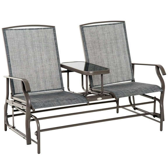 Outdoor Glider Bench With Middle Table Feature. Gray Metal Frame Patio . Double Gliding Comfort. Breathable Mesh Seating. Holds 726 Lbs. Total. Ideal For Backyard, Garden, Porch. 32"d X 58.25"w
