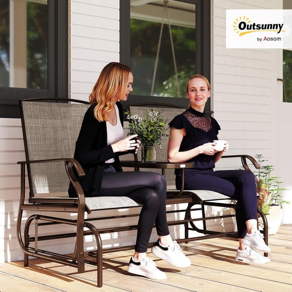 Outdoor Glider Bench with Center Table, Metal Frame  Loveseat for Backyard Garden Porch