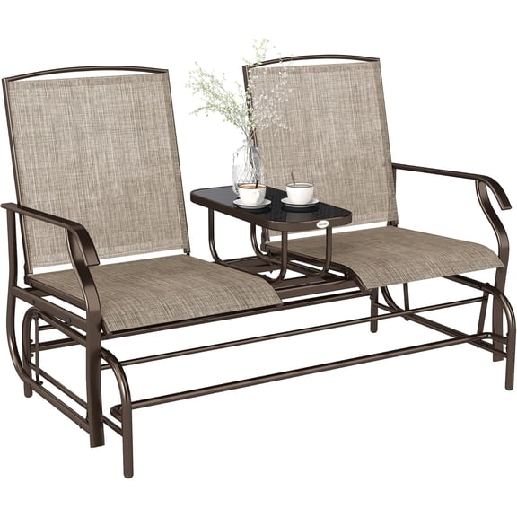 Outdoor Glider Bench with Center Table, Metal Frame Patio Loveseat with Breathable Mesh Fabric and Armrests for Backyard Garden Porch, Brown