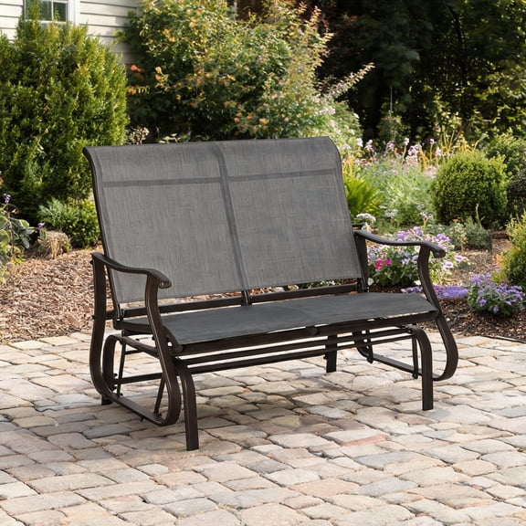Outdoor Glider Bench with Smooth Rocking Motion, Neutral Gray Mesh Seat, Powder-Coated Steel Frame, 2-Person Loveseat for Patio or Porch