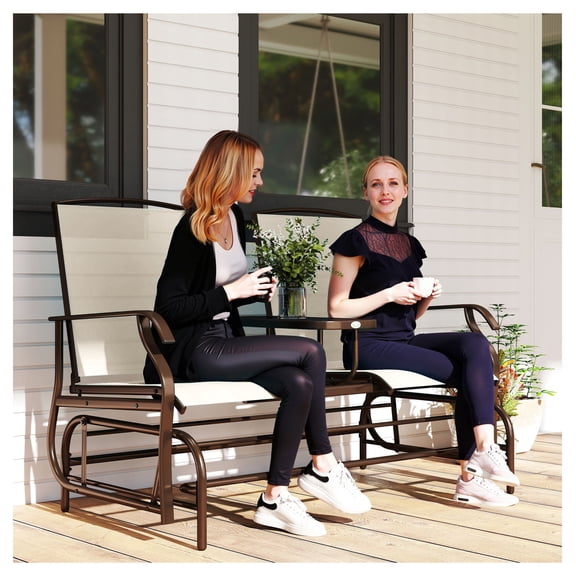 Outdoor Glider Bench with Table, Metal Patio Loveseat, Breathable Mesh, Armrests, Beige