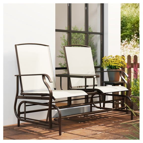 Outdoor Glider Bench with Table, Patio Loveseat for 2, Metal Frame, Breathable Mesh, Armrests, Backyard Garden Porch Swing, Beige