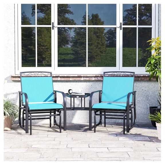 Outdoor Glider Chair with Table, 2-Seat Patio Rocking Swing, Breathable Sling, Steel Frame, Backyard Furniture, Blue