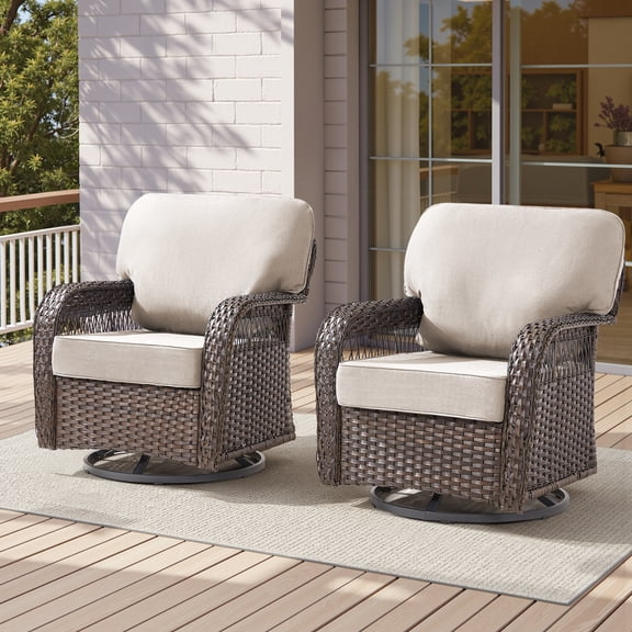 Outdoor Glider Chairs Set of 2, Brown Wicker Patio Swivel Rockers with Beige T-Shape Back Cushions, 5-Inch Thick Foam, Water-Resistant Olefin Fabric for Porch, Yard and Garden Space
