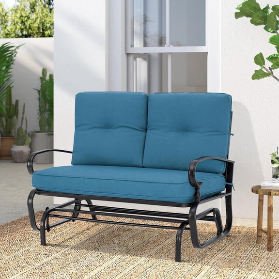 Outdoor Glider Rocking Bench 2 Person Loveseat Steel Frame Furniture Set with Resistant Cushions Peacock Blue