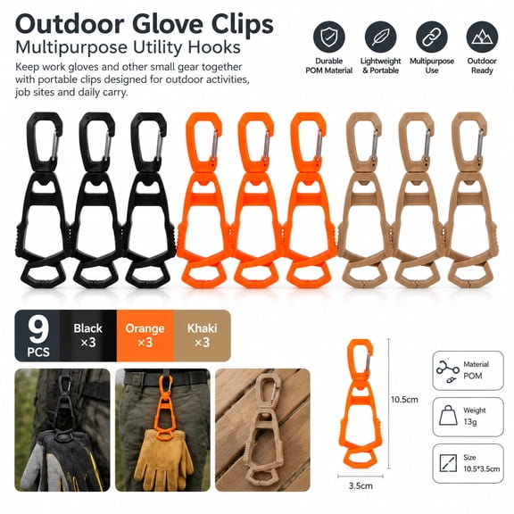 Outdoor Glove Clips, Multipurpose Utility Hooks, Portable POM Work Glove Holder Clips, Glove Keeper Clips, 9-Piece Set in Black, Orange and Khaki