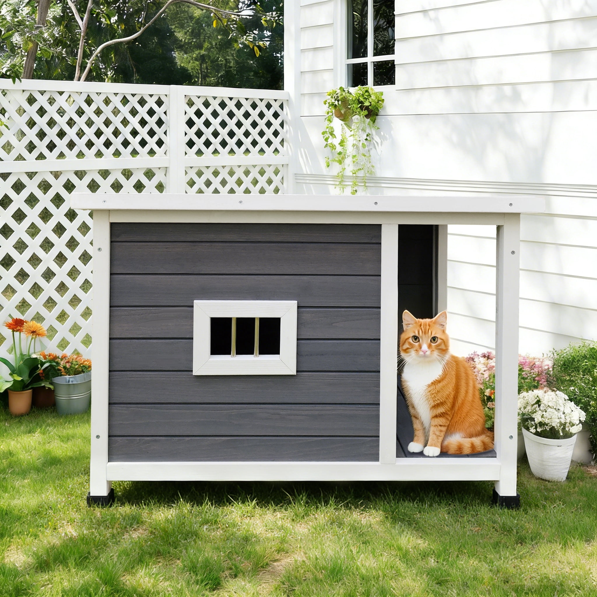 Outdoor Gray Cat House with Waterproof Roof, Ventilated Windows, and Sturdy Metal Support, Pet Shelter for Cats