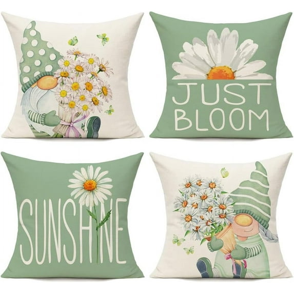 Outdoor Green Spring Throw Pillow Covers 16x16 Set of 4 Summer Decorative Cushion Cases Home Décor Flower Decorations for Patio Couch Chair Sofa,Daisy Floral Gnomes