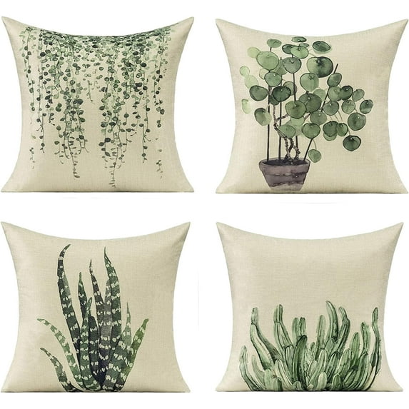 Outdoor Green Throw Pillow Covers for Patio Furniture Succulent Plants Vine Decorative Cushion Cases Spring Summer Porch Garden Decor 18x18 Set of 4 Couch Sofa