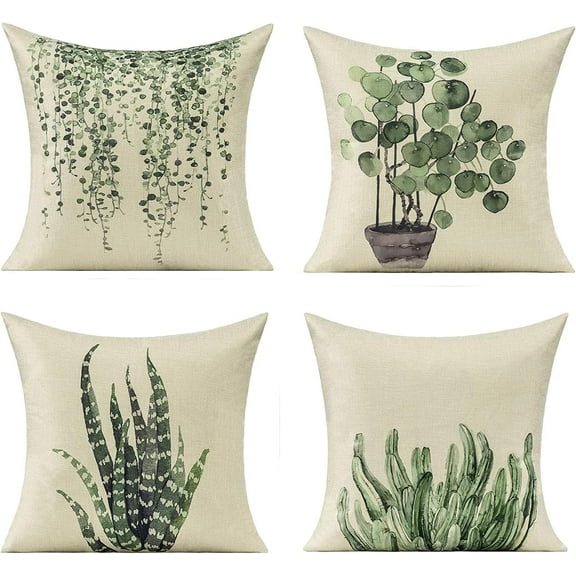 Outdoor Green Throw Pillow Covers for Patio Furniture Succulent Plants Vine Decorative Cushion Cases Spring Summer Porch Garden Decor 18x18 Set of 4 Couch Sofa