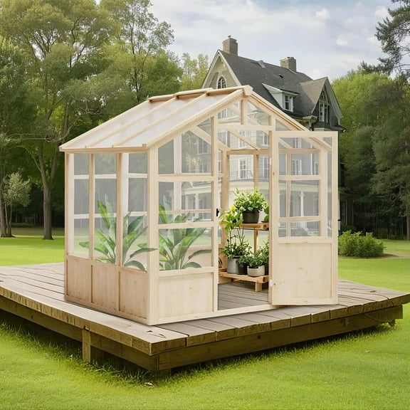 Outdoor Greenhouse, 8x6FT Heavy Duty Wooden Greenhouse with Polycarbonate Panels & Lockable Door - Sturdy Wood Frame Garden Green House with Adjustable Roof Vent, for Yard, Gardening（ship in 3 boxes）