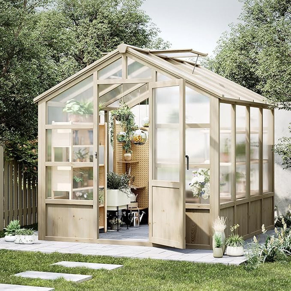 Outdoor Greenhouse, 8x6FT Heavy Duty Wooden Greenhouse with Polycarbonate Panels & Lockable Door - Sturdy Wood Frame Garden Green House with Adjustable Roof Vent, for Yard, Gardening（ship in 3 boxes）