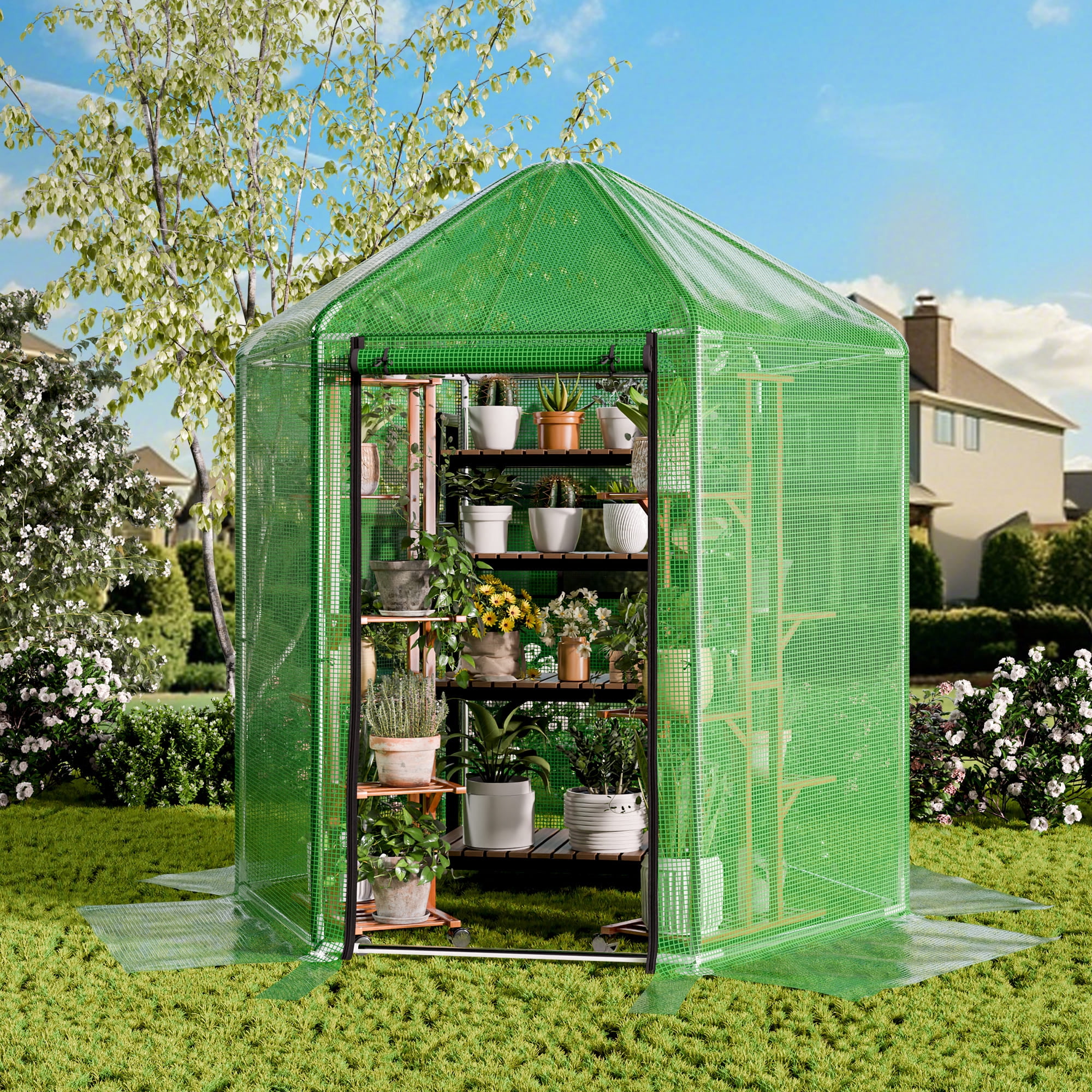 Outdoor Greenhouse, Heavy-Duty Walk-In Greenhouse for Garden/Patio/Backyard, 180g Double Layer PE Cover with Ground Stakes, Ideal for Winter Use, 7x7x7.3 FT