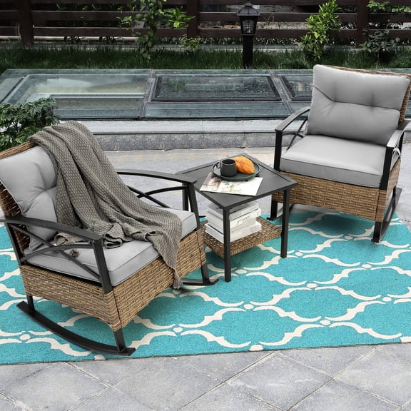 Outdoor Grey Rocking Rattan Chair and Table / Sturdy Frame for Outdoor Chats