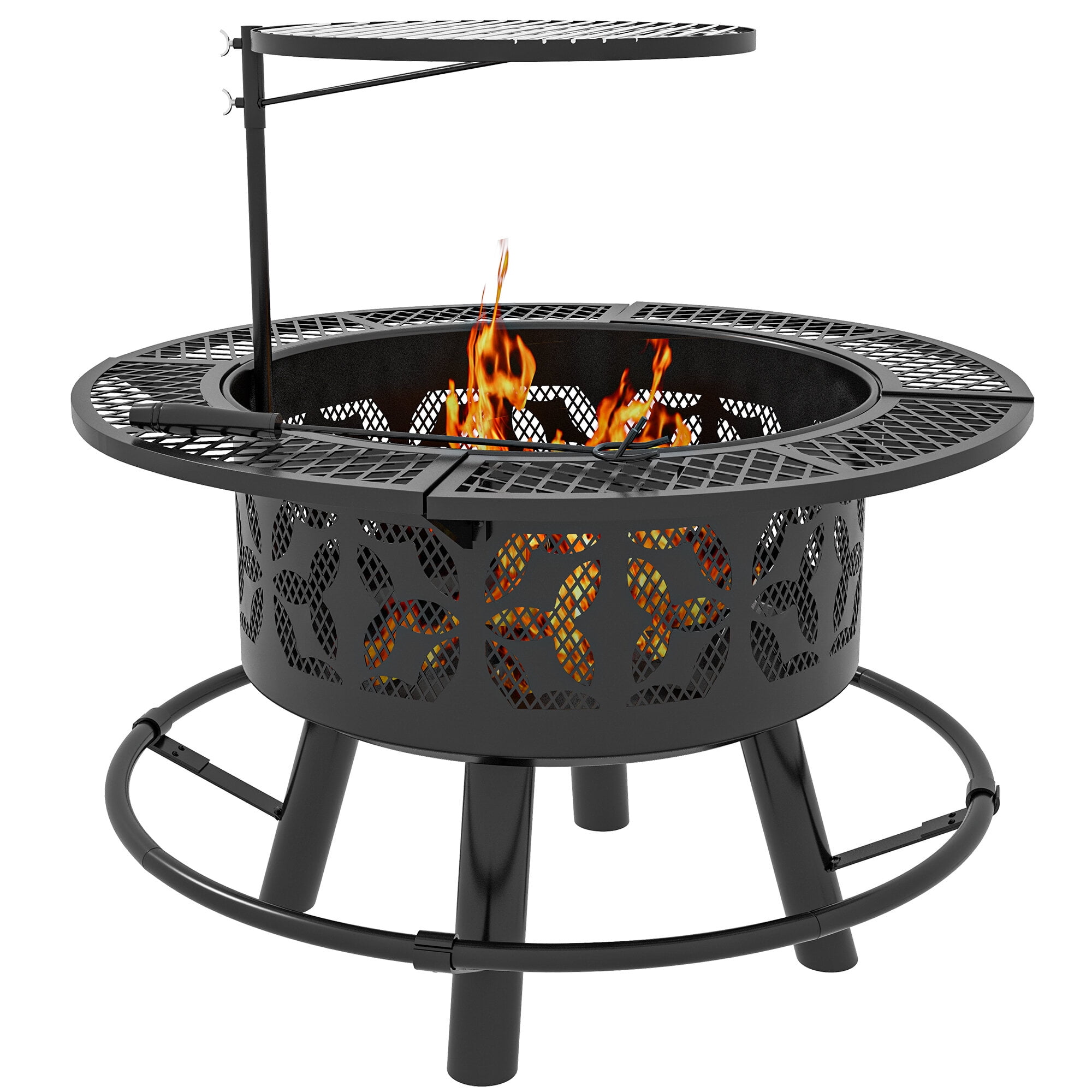 Outdoor Grill, 2-in-1 Fire Pit, BBQ Grill, 33" Portable Wood Burning Firepit with Adjustable Cooking Grate, Pan and Poker, Camping Bonfire Stove for Backyard, Patio, Picnic, Black, Black BBQ Grill