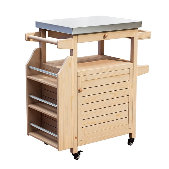 Outdoor Grill Cart with 304 Stainless Steel Tabletop and Storage Cabinets, Movable Kitchen Island with 360 LockableWheels for BBQ Food Prep, Solid Wood Outdoor Kitchen Station