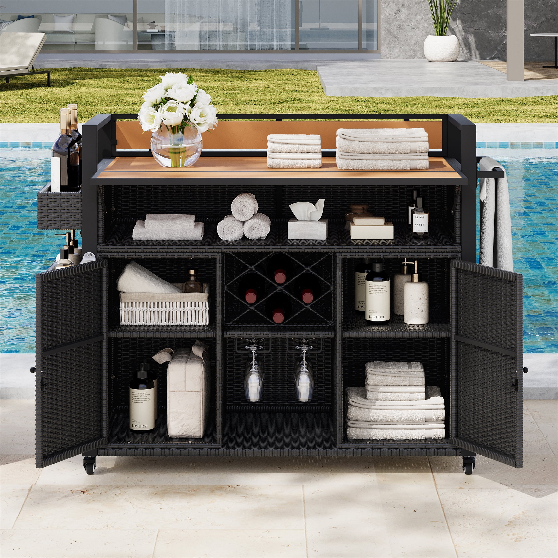 Outdoor Grill Cart 52.8 Inch W, Wicker Structure with Extended Plastic Wood Table Top for Patio Backyard, Black Brown