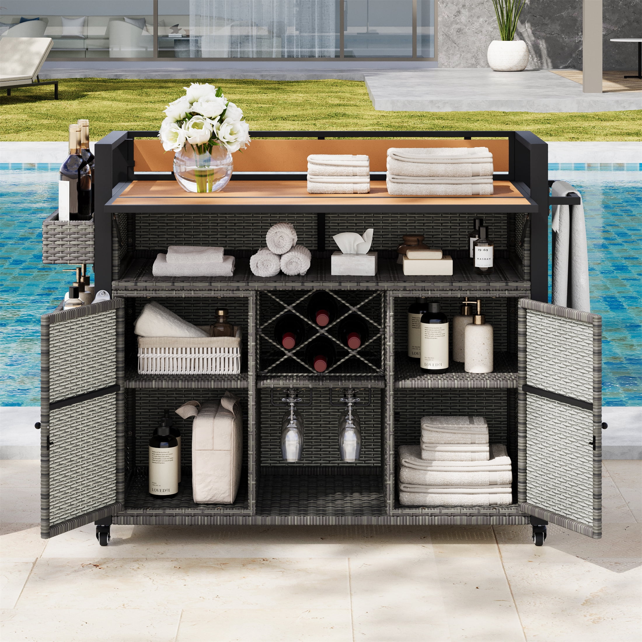Outdoor Grill Cart 52.8 Inch W, Wicker Structure with Extended Plastic Wood Table Top for Patio Backyard, Grey
