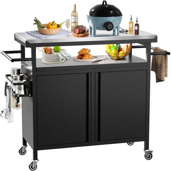 Outdoor Grill Cart Bar Cart with Storage Cabinet for Grilling Accessories, XL Portable Outdoor Grill Table with Stainless Steel Top for Kitchen Prep, Lawn & GardenBlack