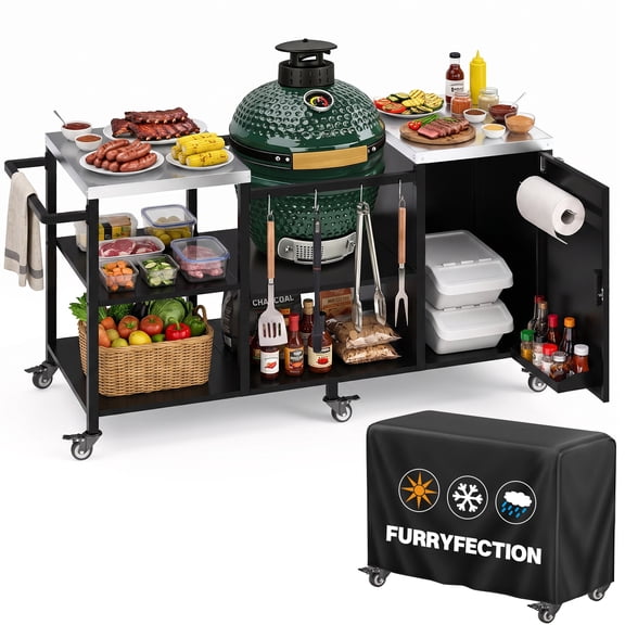 Outdoor Grill Cart for Big Green Egg & Kamado Joe Jr, 304 Stainless Steel Top, 5-Tier Storage, 520 Lbs Capacity, Portable BBQ Stand w/ Cover & 4 Grill Accessories, Easy Assemble Backyard Table