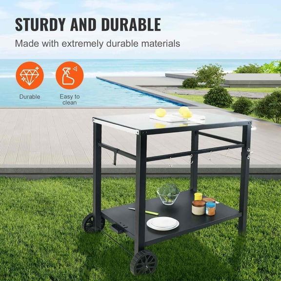 Outdoor Grill Cart Double Shelf BBQ Prep Table Iron Workstation Pizza Oven Stand Portable Rolling Cart with Wheels Handle Black