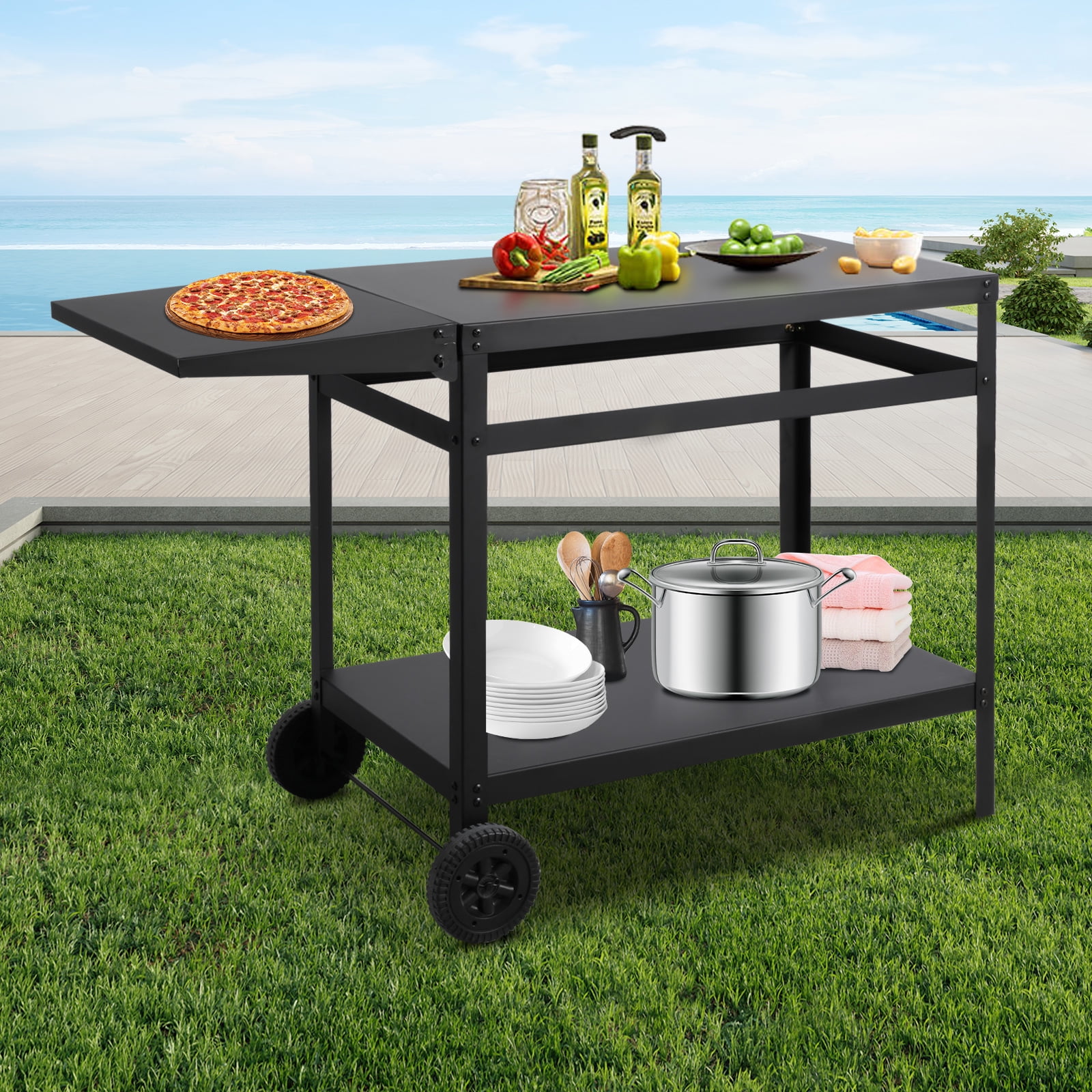 Outdoor Grill Cart with DoubleShelf & Foldable Side Table,Movable