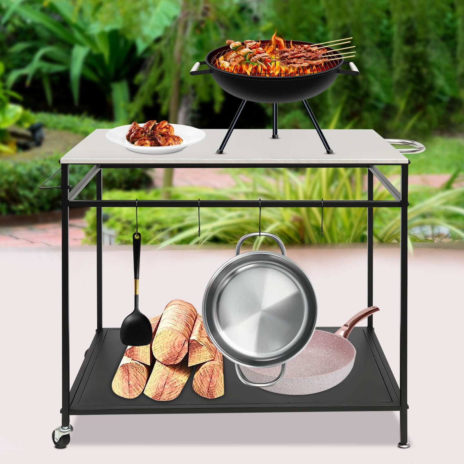 Outdoor Grill Cart DoubleShelf Table Movable Worktable Trolley Food