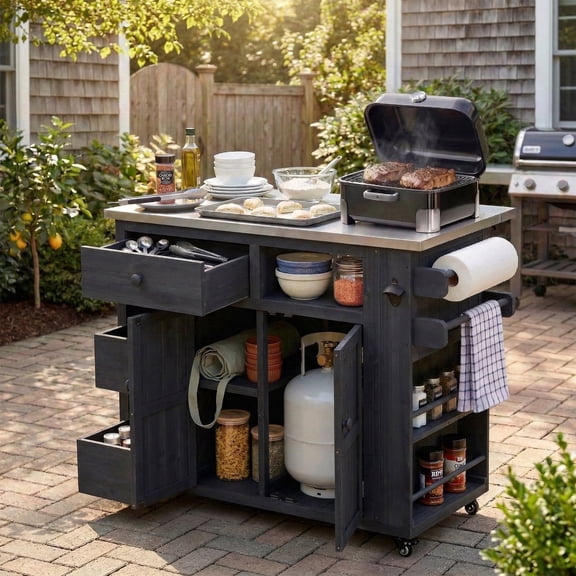 Outdoor Grill Cart with Extendable Table – 19.3"/28" Solid Wood Top, Stainless Steel Grill Table, Side Spice Rack, Drawers, Storage Cabinet for Backyard BBQ, Black