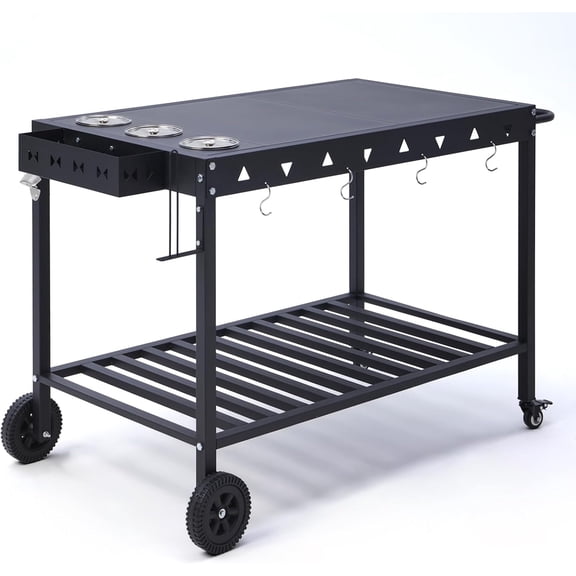 Outdoor Grill Cart Grill Table With Wheels BBQ Prep Tables Station For Blackstone Griddle Pizza Oven Table With Shelves Towel Holder Spice Pots Bottle Opener