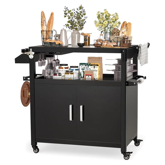 Outdoor Grill Cart Kitchen Storage Cabinets Island with Wheels Buffet Prep Tables for Outside Steel BBQ Bar Carts for Patio Serving Tables Cooking Station Countertops for Grilling Supplies