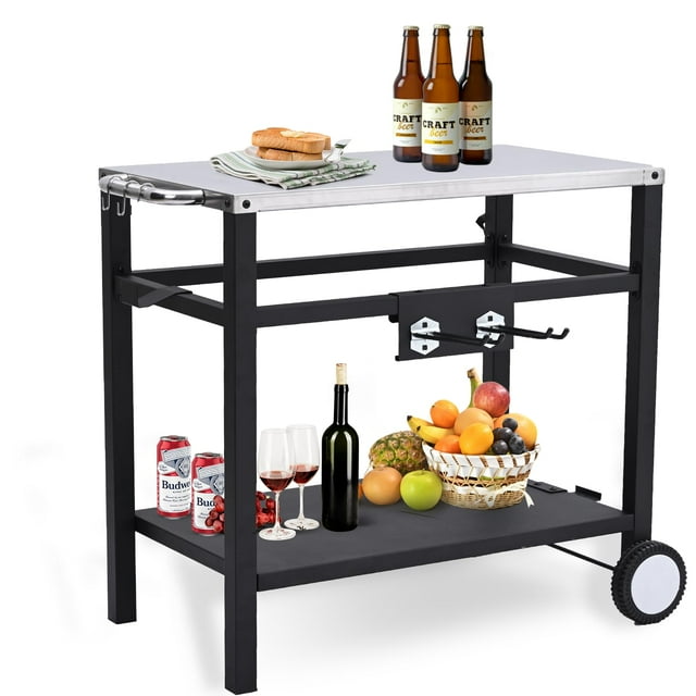 Outdoor Grill Cart Pizza Oven Stand, BBQ Prep Table with Wheels & Hooks ...