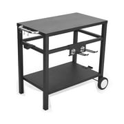 Outdoor Grill Cart Pizza Oven Stand, Double-Shelf Outdoor Movable Dining Cart Table Outdoor with Wheels & Hooks, Side Handle, Stainless Steel Kitchen Work Table Cart for Bar, Patio, Camping(Black)