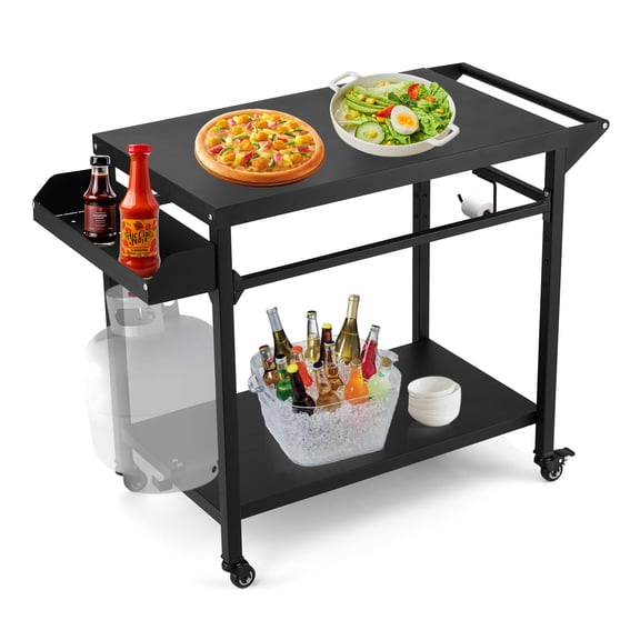 Outdoor Grill Cart, Pizza Oven Stand Table Dining Cart Table for Outside Patio, Movable Kitchen Cooking Prep Table BBQ Cart with Wheels for Home Party, Bar, Camping, Black