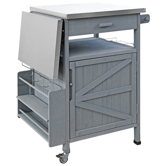Outdoor Grill Cart with Stainless Steel Countertop, Foldable Shelf & Locking Wheels, Solid Wood Storage for Backyard BBQ, Poolside & Parties, Blue Grey