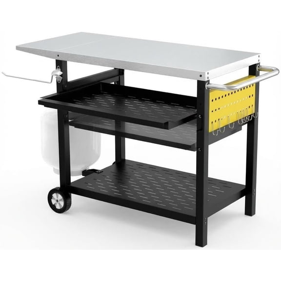 Outdoor Grill Cart,Stainless Steel Pizza Oven Table for Outside, Dining Kitchen Cart with Two Side Handle,Garden Patio BBQ Kitchen Food Prep Table Cart, 3-Shelf Pizza Oven Table