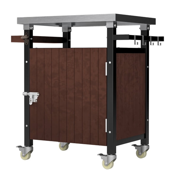 Outdoor Grill Cart, Stainless Steel Tabletop with Storage, Wheels & Spice Rack, Waterproof Patio Kitchen Island, Movable BBQ Serving Cart
